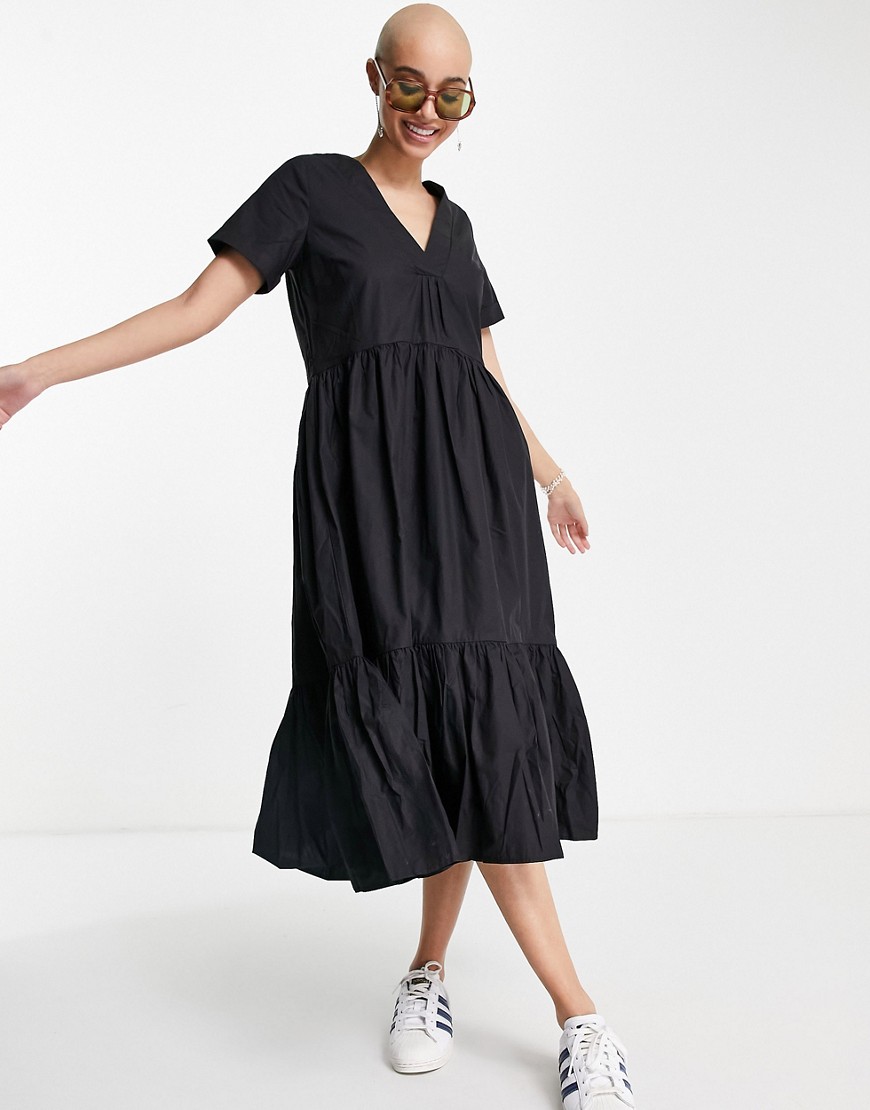 Gilli - Midi jurk van katoenen popeline met v-hals in zwart