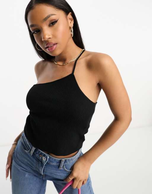 Gilli one shoulder strappy top in black