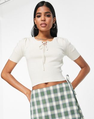 Gilli ribbed tie front top in cream