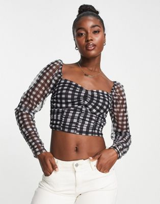 Gilli ruched puff sleeve crop top in black check