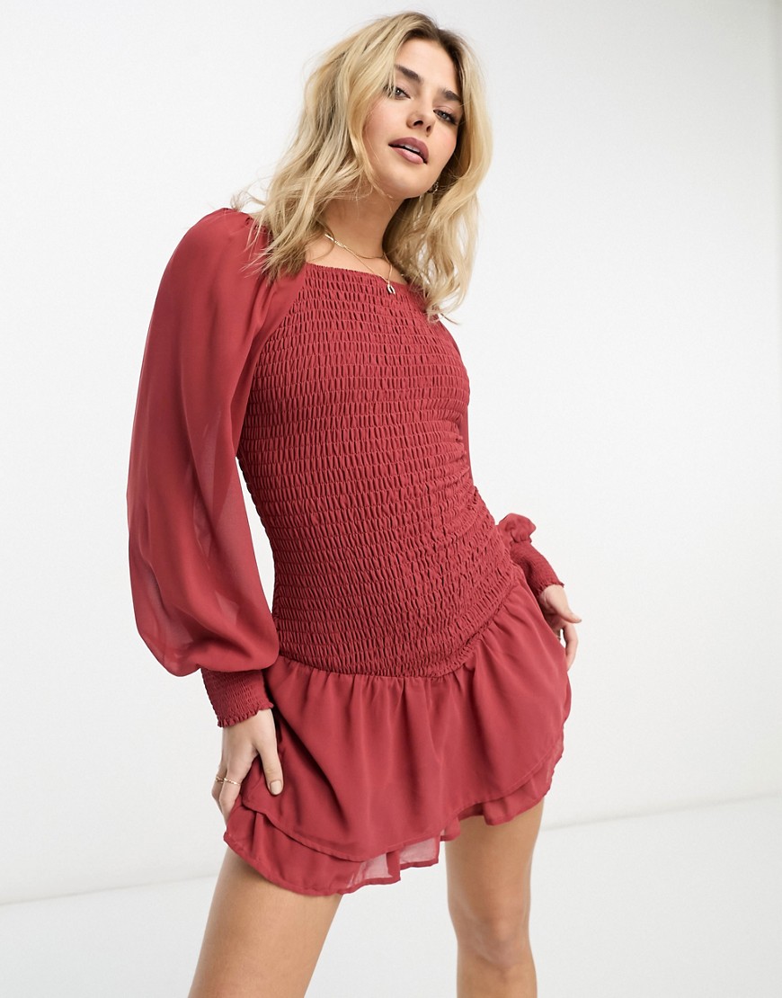 Gilli ruched puff sleeve mini dress in rust-Red