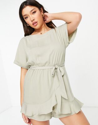 Gilli ruffle wrap front playsuit with tie waist in sage