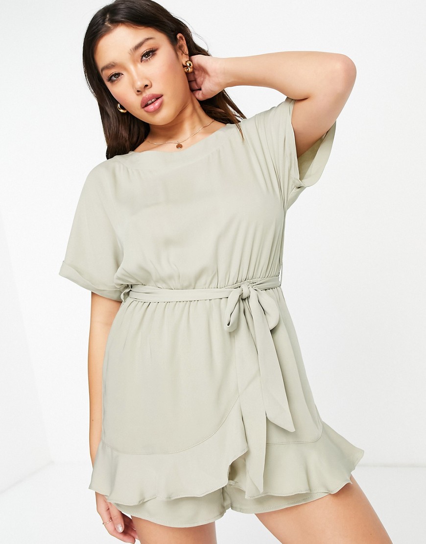 Gilli Ruffle Wrap Front Playsuit With Tie Waist In Sage-Green