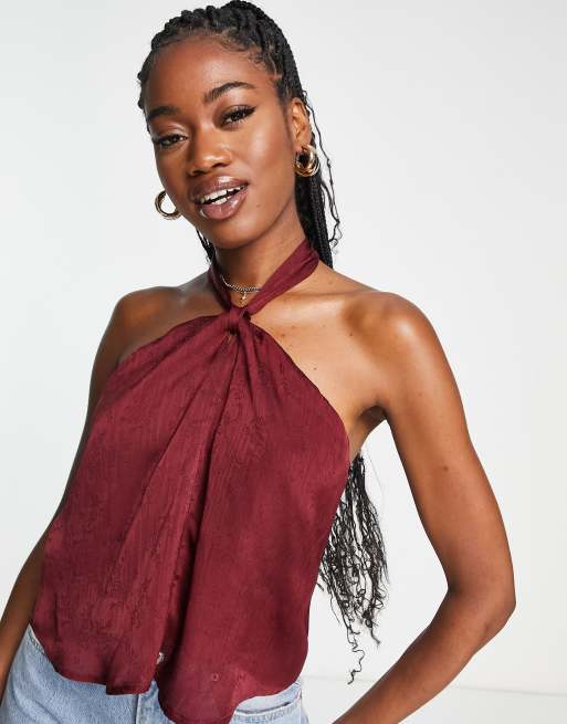 Gilli satin halterneck top in burgundy
