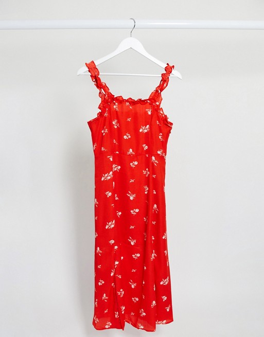 Gilli square neck midi dress with ruffle detail in red ditsy floral