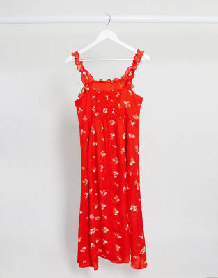 red ditsy floral midi dress