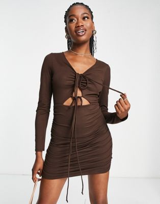 Gilli strappy halter bodycon dress in chocolate brown