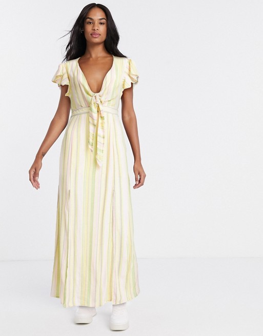 Gilli tie front maxi dress with cut out back detail in pastel stripe