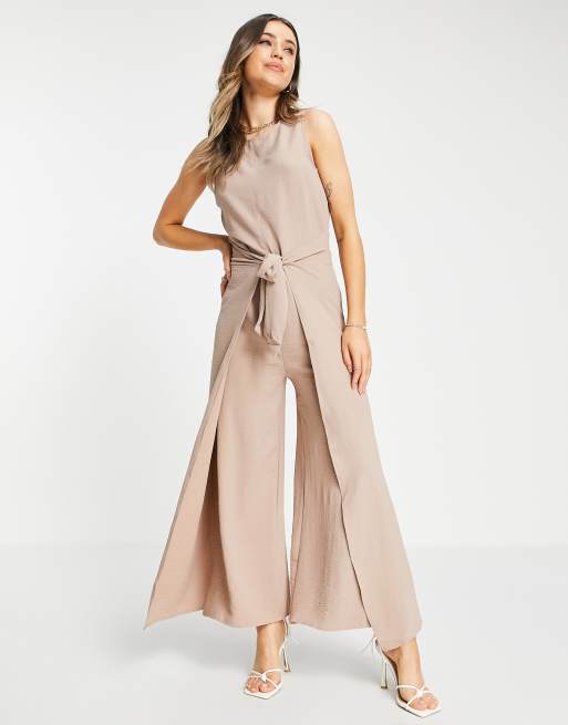 Gilli - Tuta jumpsuit con spacchi sulle gambe allacciata in vita color tortora