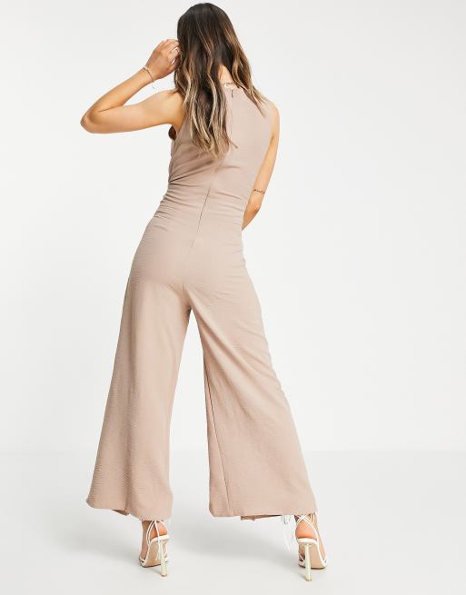 Gilli - Tuta jumpsuit con spacchi sulle gambe allacciata in vita color tortora, 2 di 4