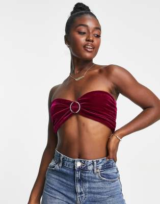 Gilli velvet bandeau crop top in burgundy-Red