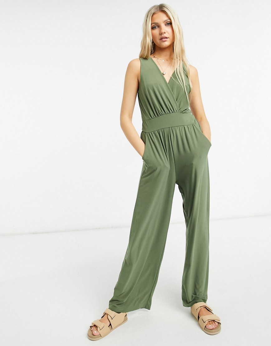 Gilli Wrap Front Jumpsuit In Light Olive-brown