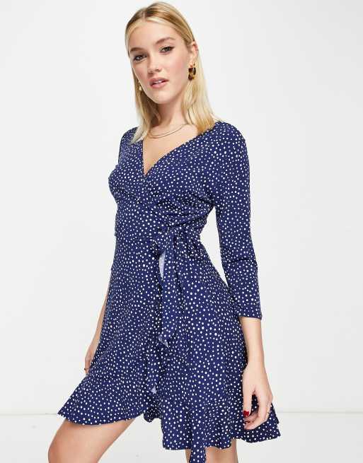 Gilli wrap front polka dot mini dress in navy | ASOS