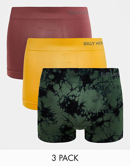 Gilly Hicks 3 pack logo waistband seamless trunks in rose pink/oak yellow/green acid wash