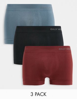 Gilly Hicks 3 pack seamless trunks in burgundy, blue and black with side logo waistband
