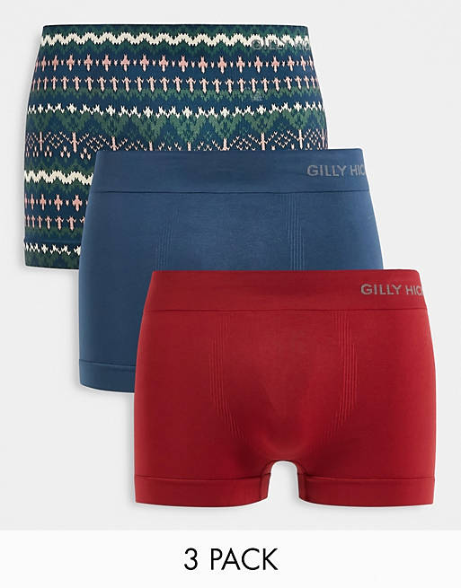 Gilly Hicks 3 pack seamless trunks in knitted print navy, red 