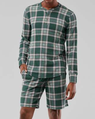 Gilly Hicks Check Waffle Henley Lounge Long Sleeve Top In Green