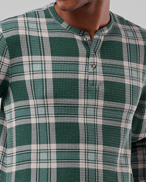 Men Gilly Hicks check waffle henley lounge long sleeve top in green 