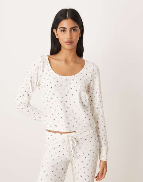 Gilly Hicks - Crop top d'ensemble en tissu gaufré imprimé fleuri avec manches longues et bordures dentelle - Blanc - view 1
