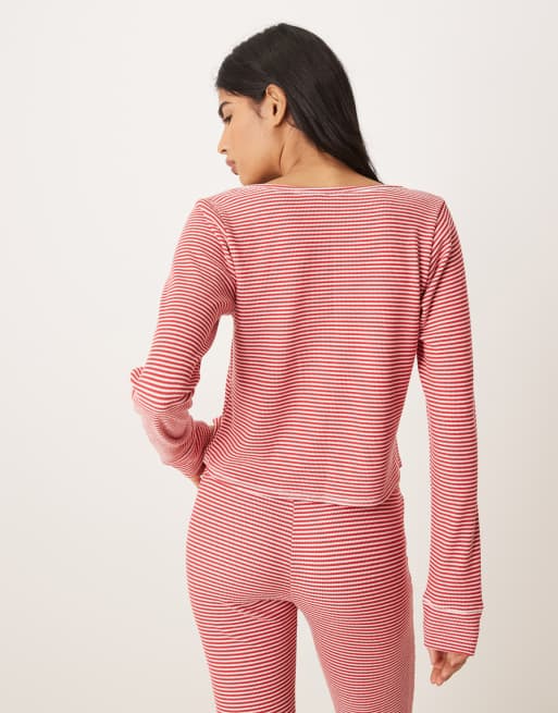 Gilly Hicks - Crop top d'ensemble rayé en tissu gaufré à manches longues - Rouge, 2 de 4