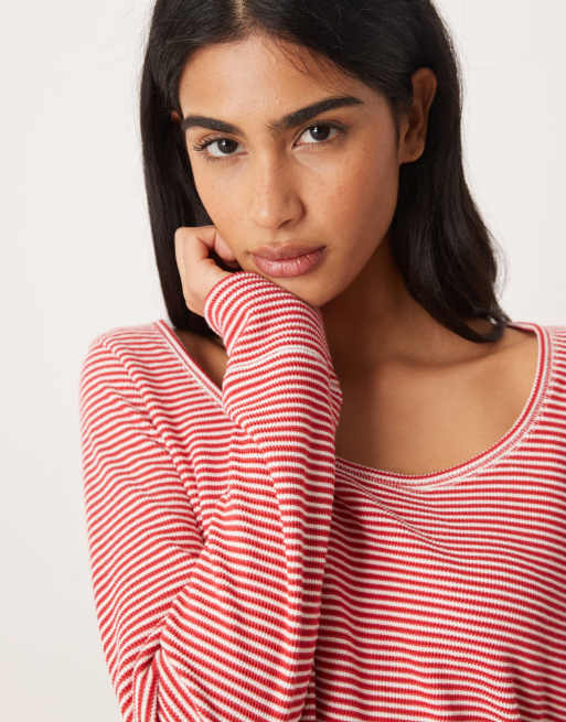 Gilly Hicks - Crop top d'ensemble rayé en tissu gaufré à manches longues - Rouge, 3 de 4