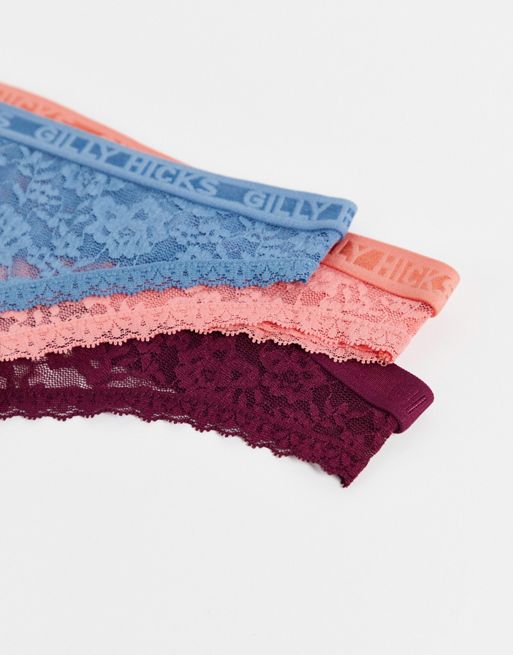 Gilly Hicks thong in daisy lace with logo tape 3 pack