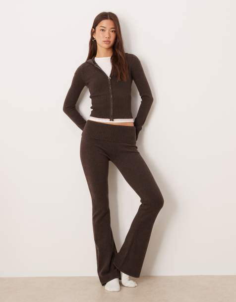 Gilly Hicks lightweight cable knit bootleg trousers co-ord in brown - view 1