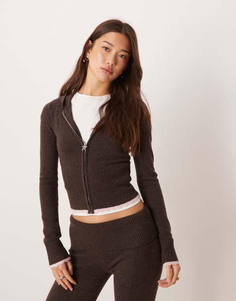 Gilly Hicks lightweight cable knit zip sweater in brown (part of a set) - view 1