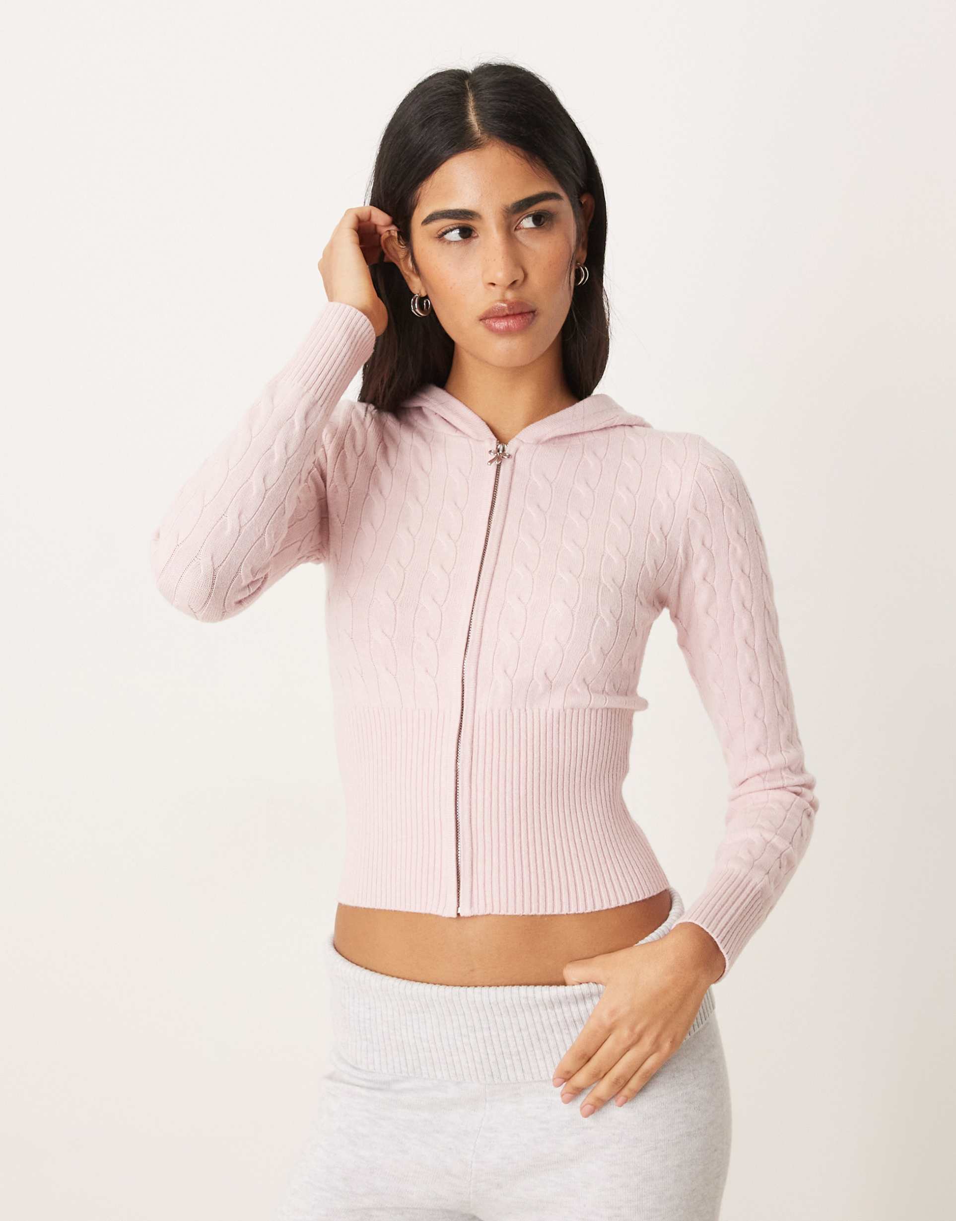 gilly hicks lightweight cable knit zip sweater in pink