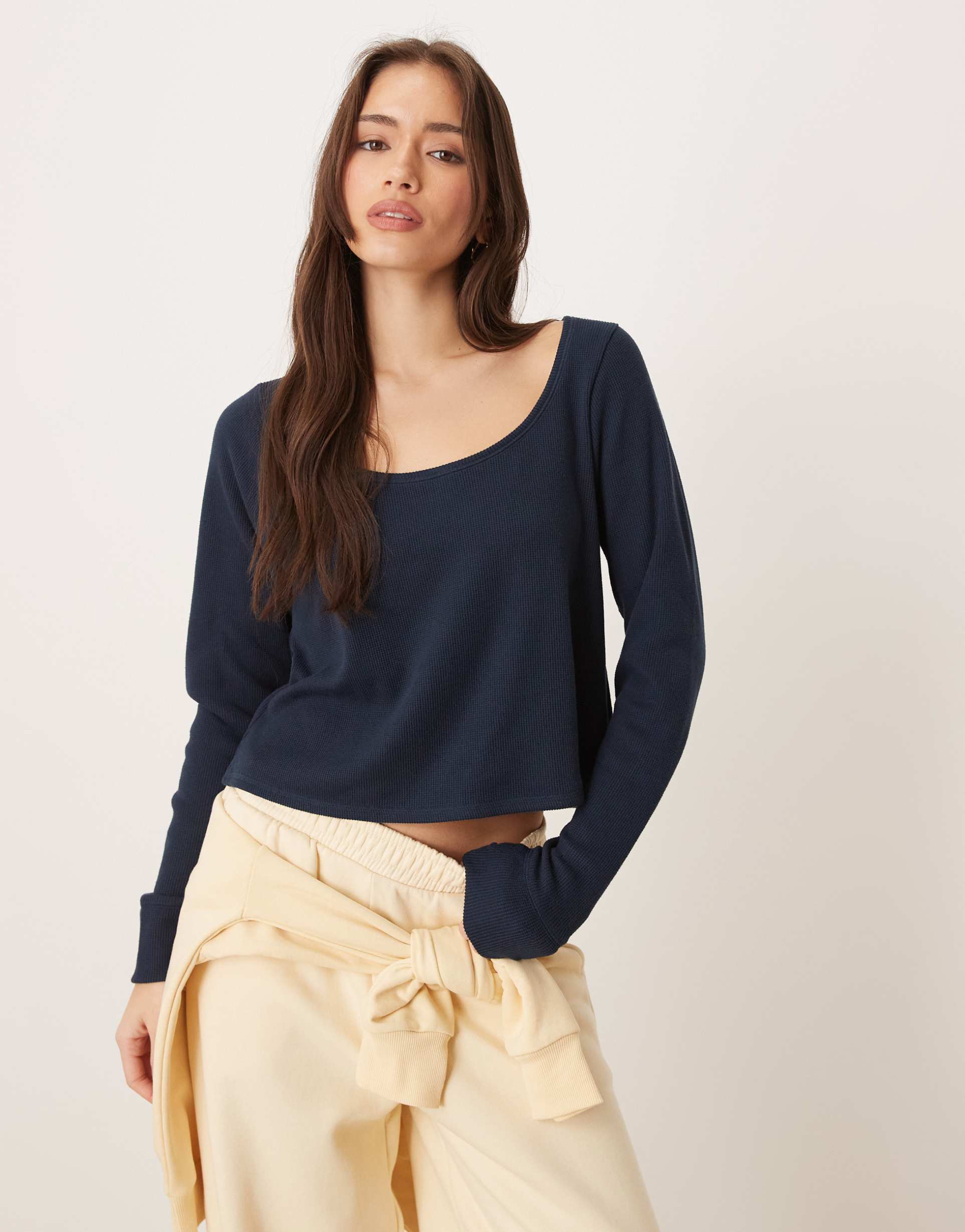 gilly hicks long sleeve waffle top in navy