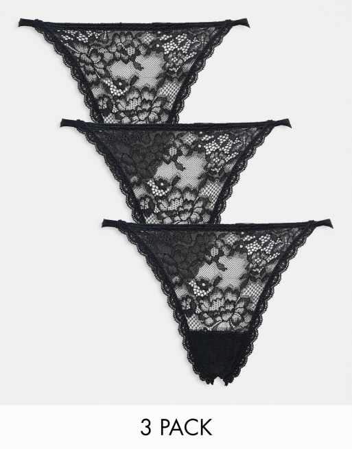 Gilly Hicks - Lot de 3 strings en dentelle fleurie avec lanières - Noir