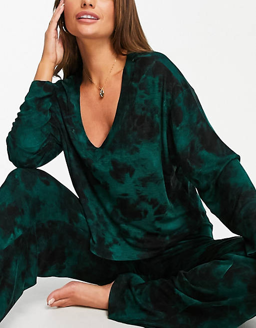 Gilly Hicks - Maglia del pigiama con scollo a V nero tie-dye in coordinato