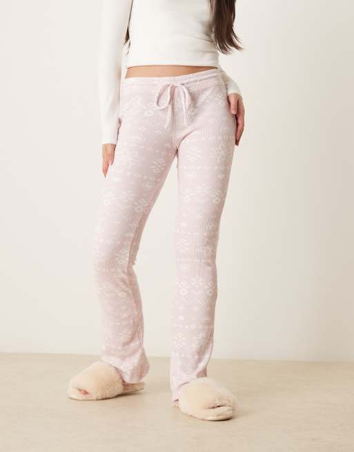 Gilly Hicks mid-rise flare cosy waffle pants in pink Fair Isle, 2 of 5