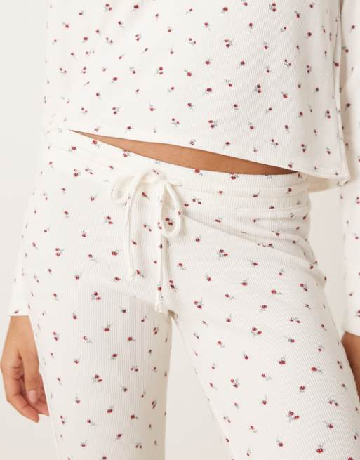 Gilly Hicks mid rise flare cosy waffle trousers co-ord in white floral, 5 of 5