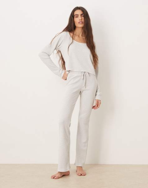 Gilly Hicks mid rise flare cozy waffle pants in cream stripe - part of a set - view 1