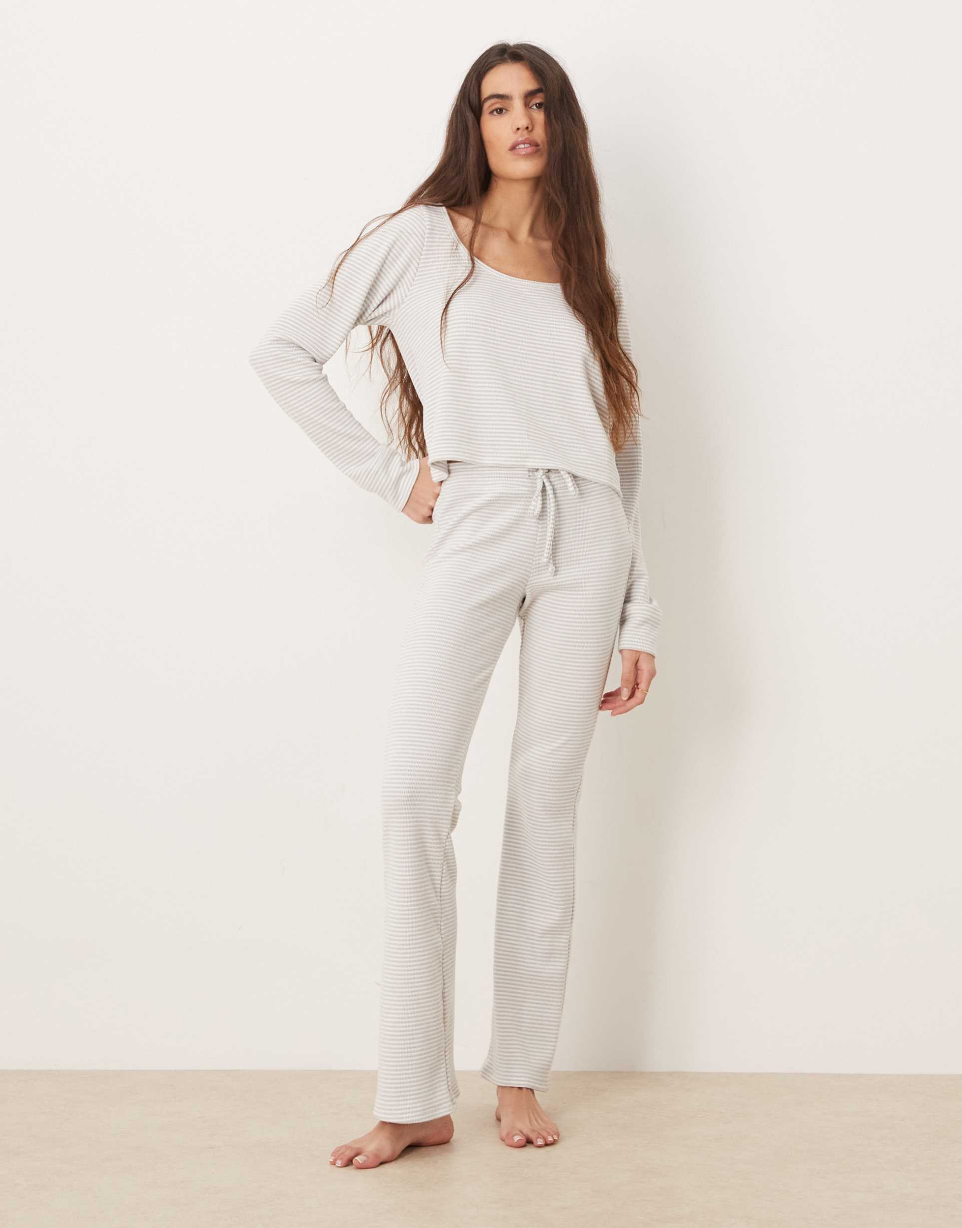 gilly hicks mid rise flare cozy waffle pants in cream stripe - part of a set