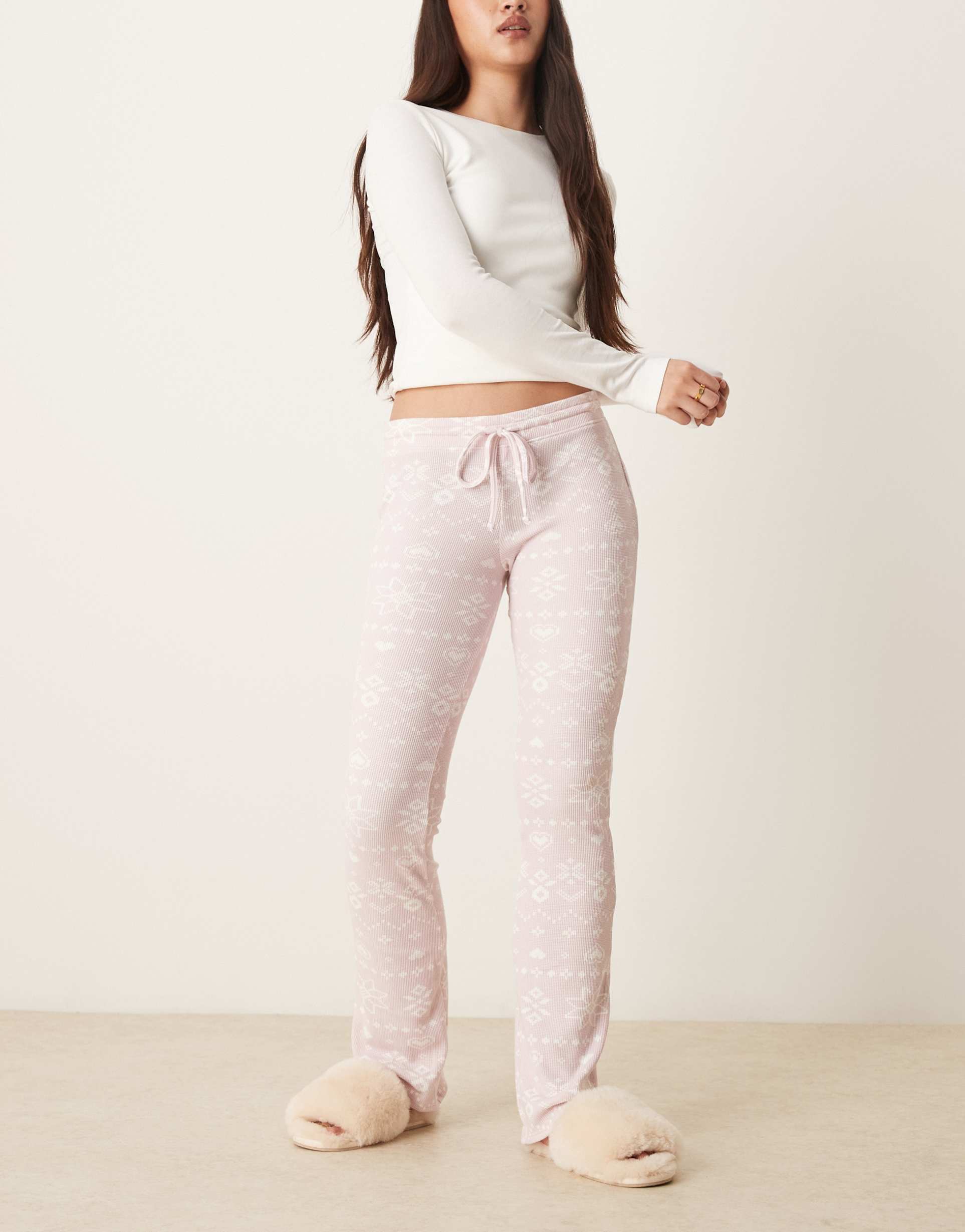 gilly hicks mid rise flare cozy waffle pants in pink fairisle
