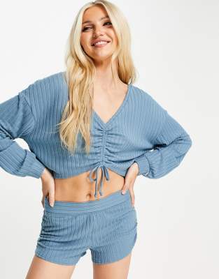Gilly Hicks rib cinch v neck top in blue - ASOS Price Checker