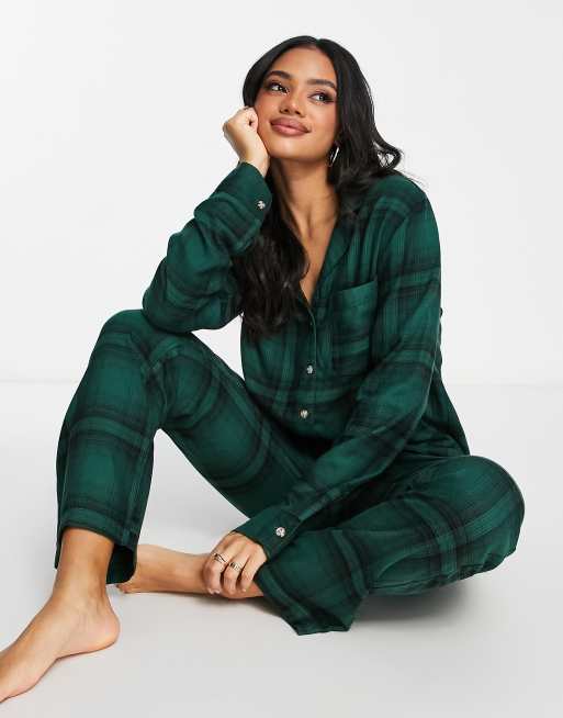 Gilly Hicks - Slaapset van overhemd en broek van geweven flanel in groen geruit 