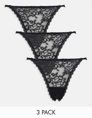 Gilly Hicks – Spitzen-Tanga in Schwarz mit Bändchen und Blumenspitze im 3er-Pack