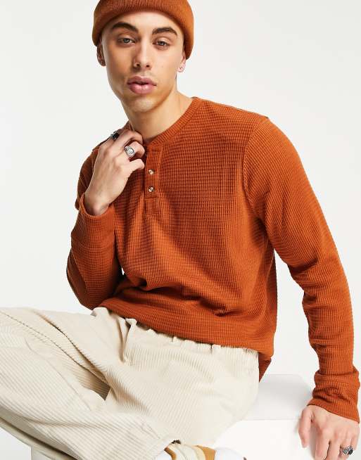 Gilly Hicks - Top a maniche lunghe da casa in maglia lavorata a nido d'ape marrone con collo serafino