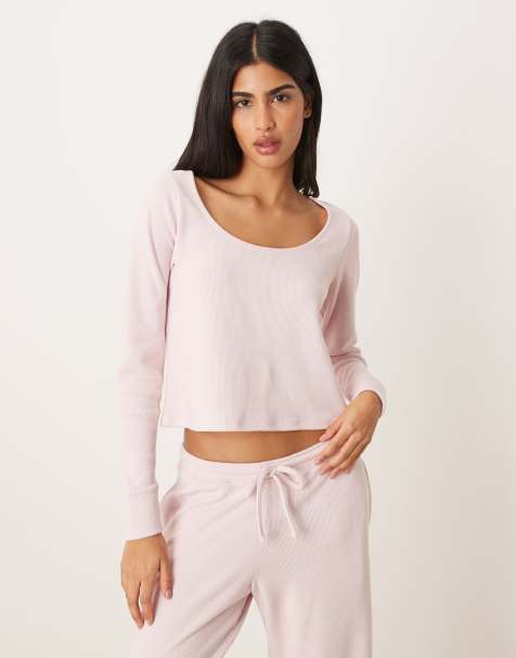 Gilly Hicks - Top met wafeltextuur, kanten rand en lange mouwen in roze, deel van co-ord set - view 1