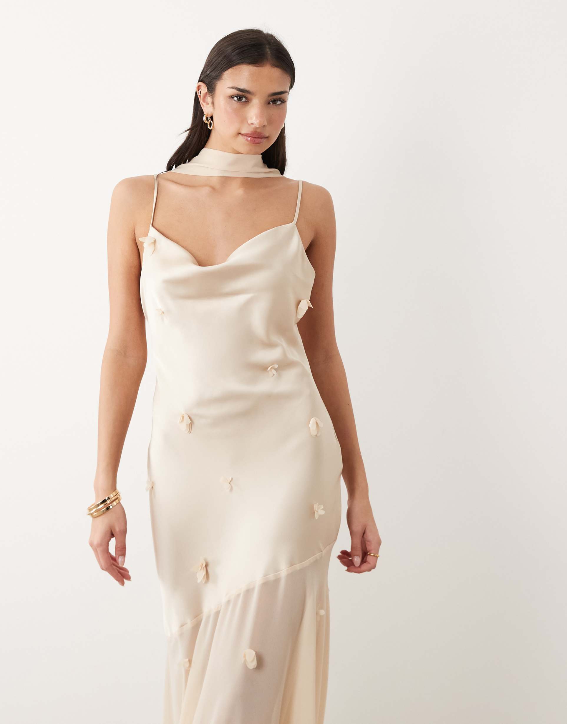 gina tricot 3d floral cowl neck sheer maxi dress in gold