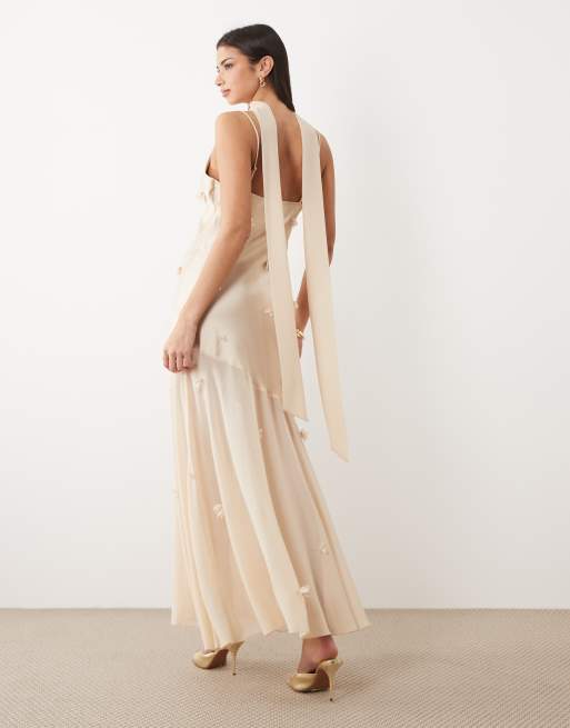 Gina Tricot 3D floral cowl neck sheer maxi dress in gold | ASOS
