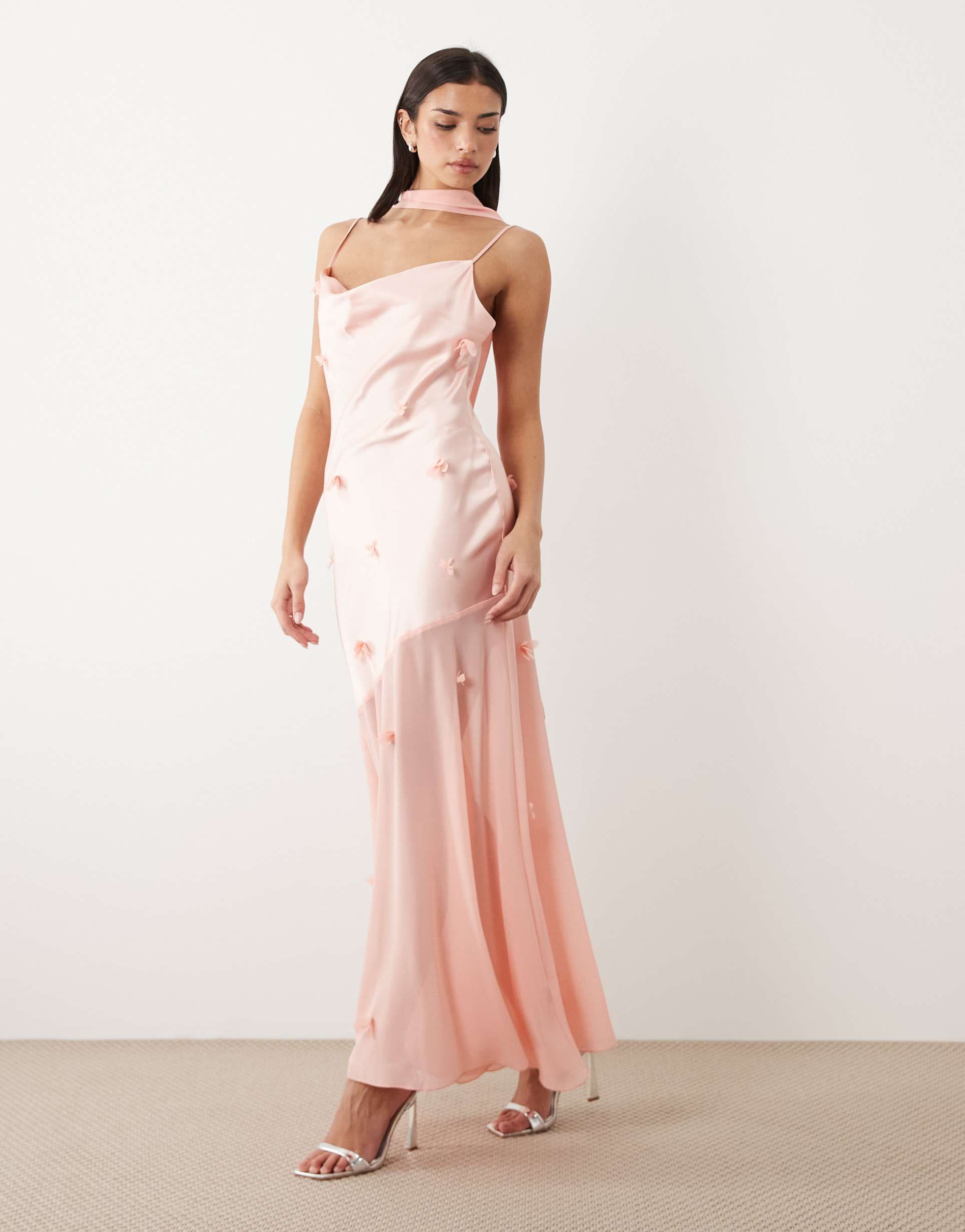 gina tricot 3d floral cowl neck sheer maxi dress in pink