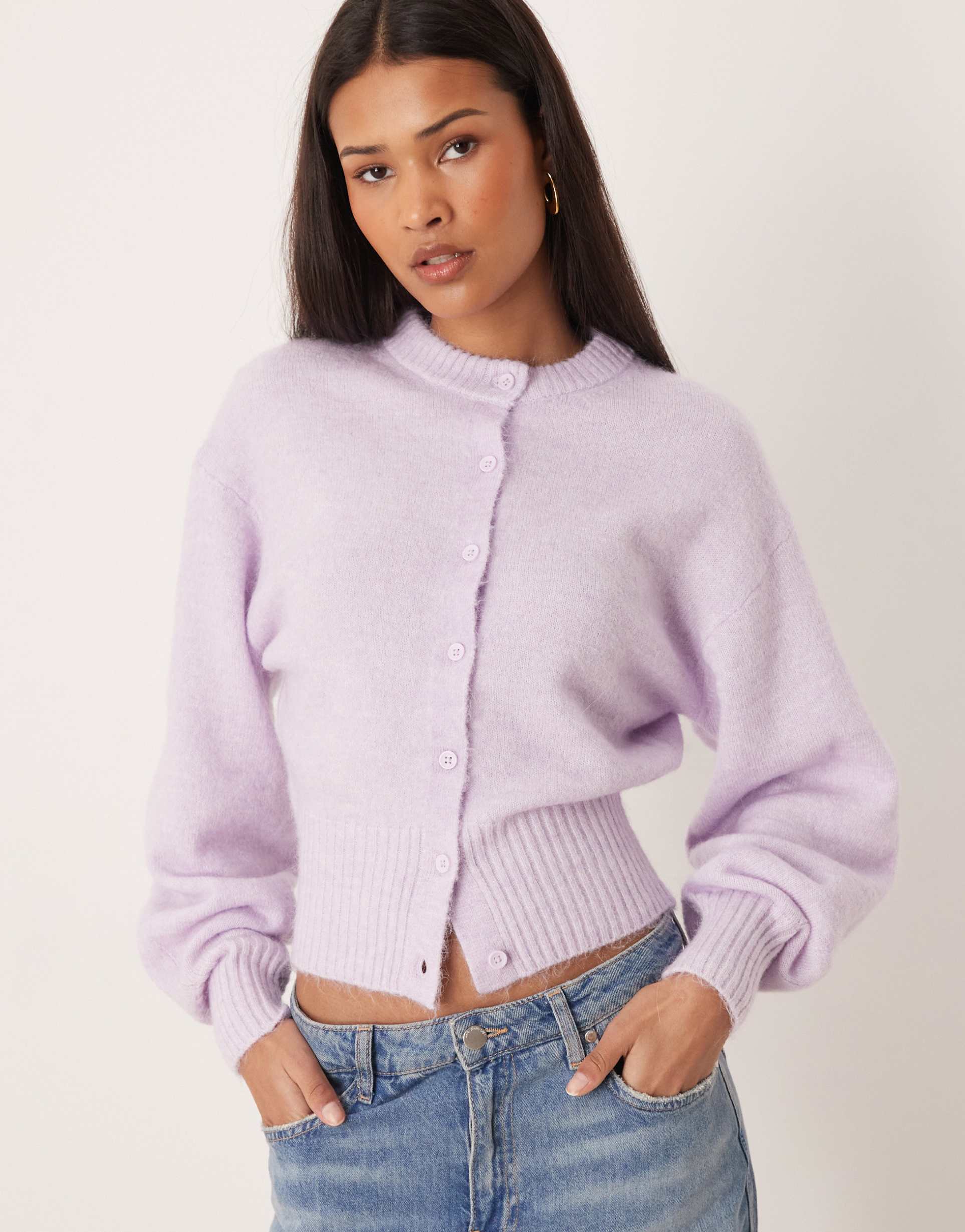 gina tricot alpaca and wool short knit cardigan in purple