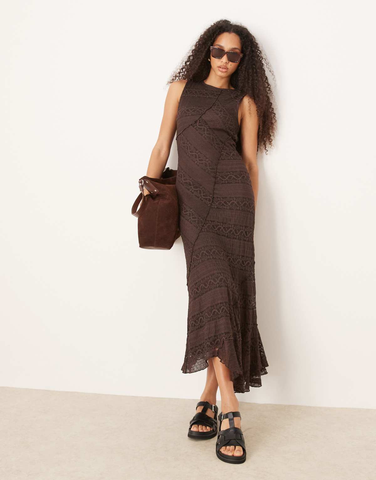 Gina Tricot antique lace craft sleeveless assymetric hem midi dress in brown