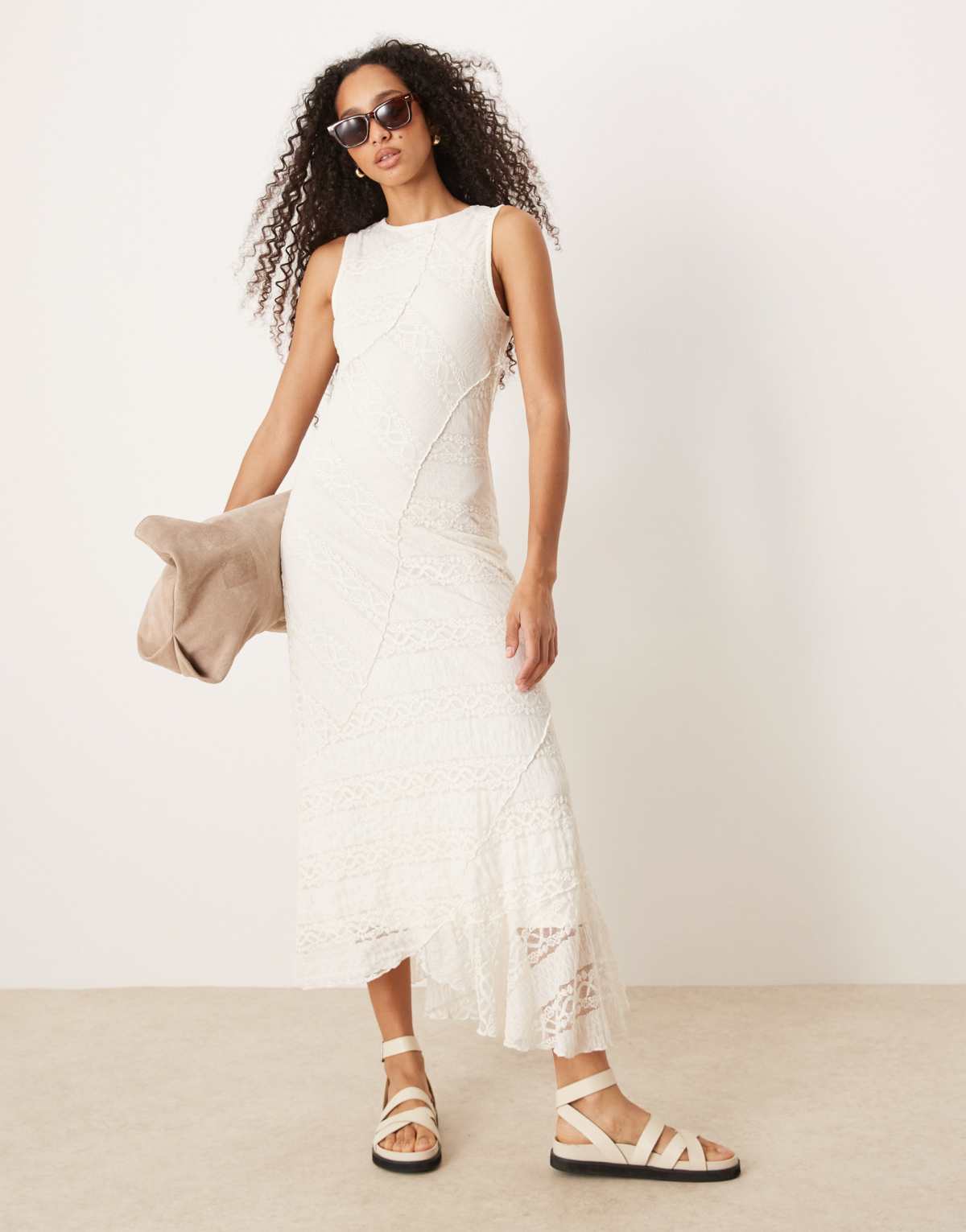 Gina Tricot antique lace craft sleeveless assymetric hem midi dress in natural off white