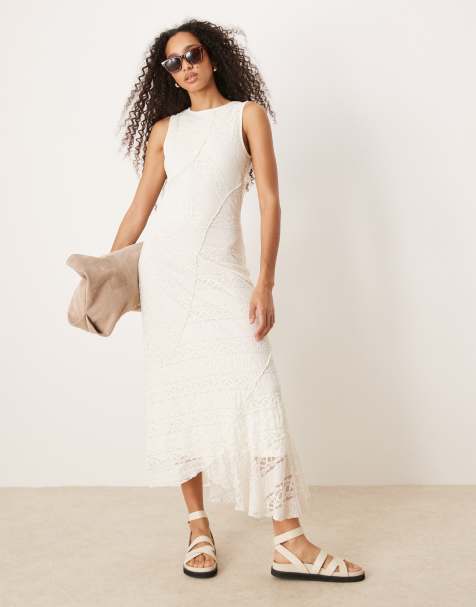 Gina Tricot antique lace craft sleeveless asymmetric hem midi dress in natural off-white - view 1
