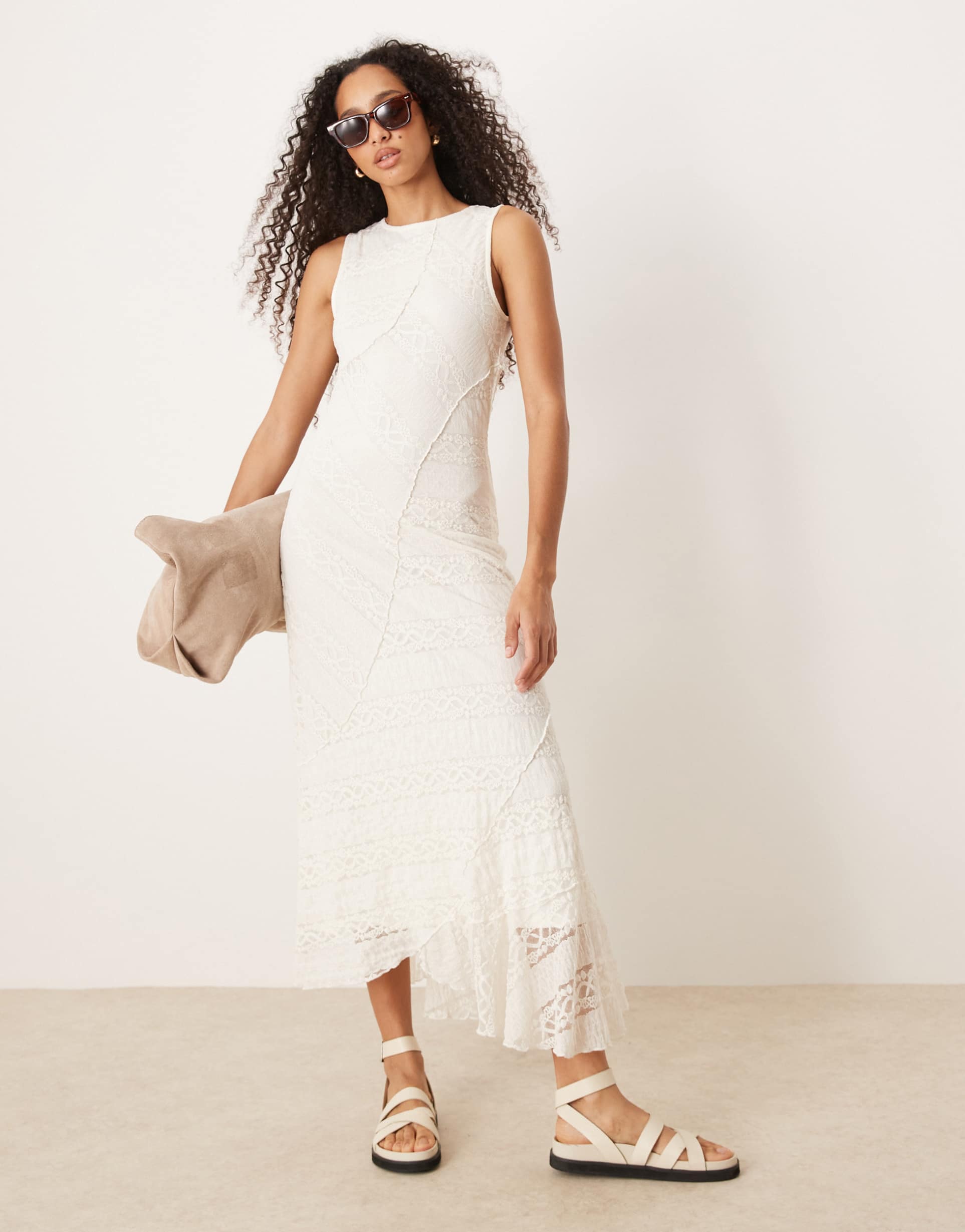 gina tricot antique lace craft sleeveless asymmetric hem midi dress in natural off-white